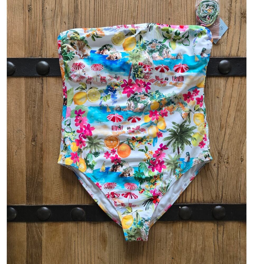 Shade and Shore Strapless European Coast Beach Print One Piece Swimsuit sz L New